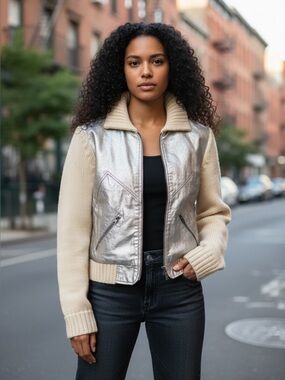 Y2K Phosphorus Metallic Silver Genuine Leather Knit Sleeve Jacket Women M